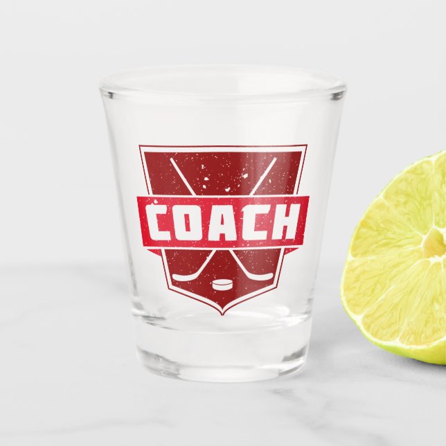 Hockey Coach Shield, Red Shot Glass (Front)