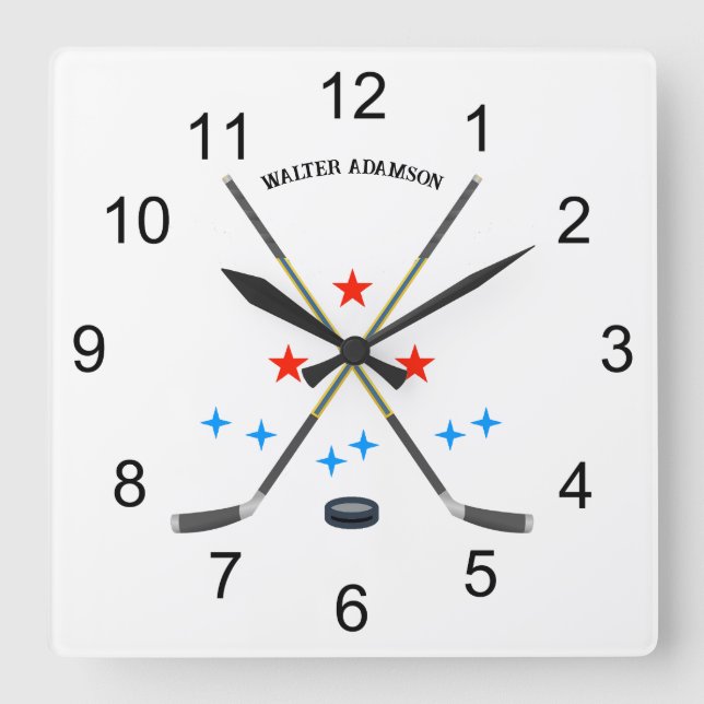 Hockey Crossed Sticks and Puck Square Wall Clock (Front)