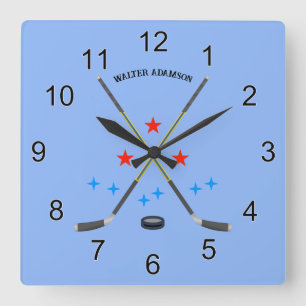 Hockey Crossed Sticks and Puck Square Wall Clock