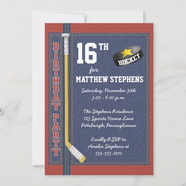 Hockey Denim Bricks Rustic Sports Birthday Party Invitation (Front)