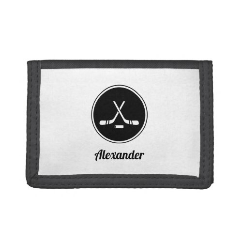 Hockey Design Black  White Classy Boys Name Sport Trifold Wallet