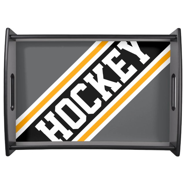 HOCKEY Diagonal Gray Black Orange Racing Stripes Serving Tray (Front)