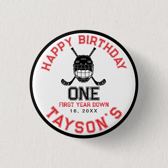 Hockey First Year Down 1st birthday  Button (Front)