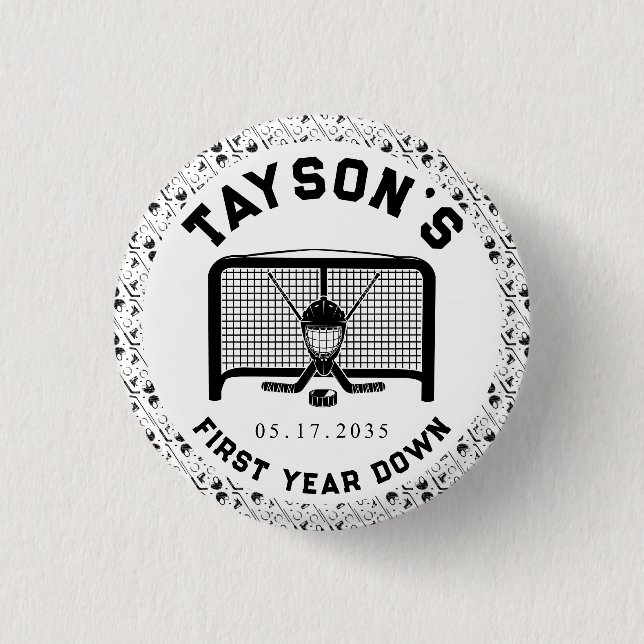 Hockey First Year Down 1st Birthday Paper Button (Front)