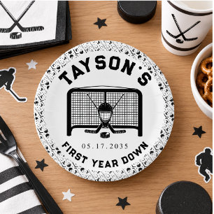 Hockey First Year Down 1st Birthday Paper Plates