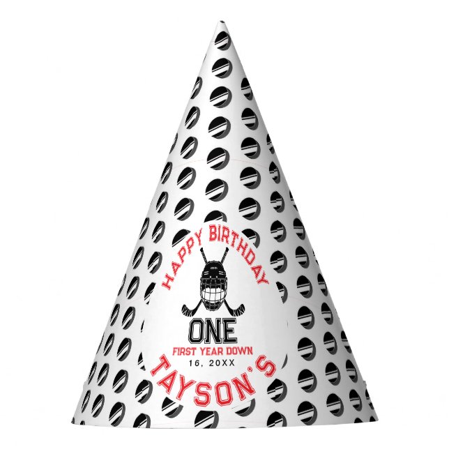 Hockey First Year Down 1st birthday  Party Hat (Front)
