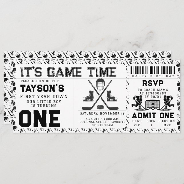 Hockey First Year Down 1st Birthday Ticket Invitation (Front/Back)