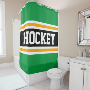 HOCKEY Fun Athletic Green Black Orange Stripes Shower Curtain