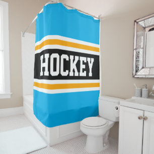 HOCKEY Fun Athletic Sky Blue Black Orange Stripes Shower Curtain