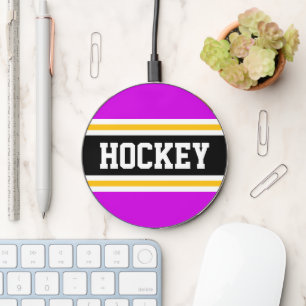HOCKEY Fun Bright Pink Orange Black White Stripes Wireless Charger