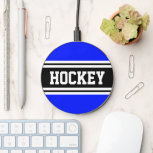 HOCKEY Fun Royal Blue Black White Racing Stripes Wireless Charger
