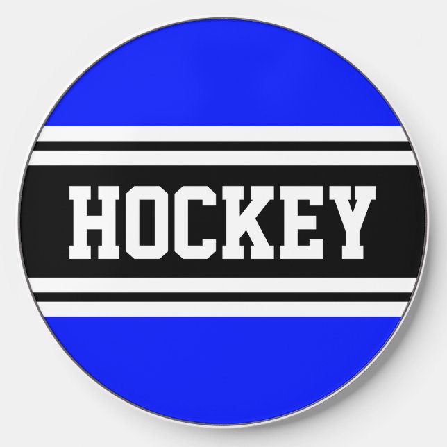 HOCKEY Fun Royal Blue Black White Racing Stripes Wireless Charger (Front)