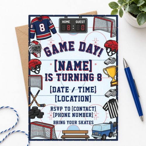 Hockey Game Day 8th Birthday Boys Ice Hockey Party Invitation