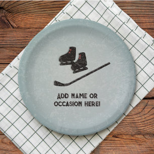 Hockey Gear - black on ice gray - male celebration Paper Plates