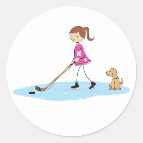 Hockey Girl Cartoon Pink Classic Round Sticker