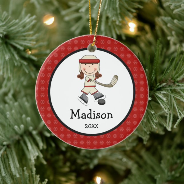 Hockey Girl Kids Personalized Christmas Ceramic Ornament (Tree)