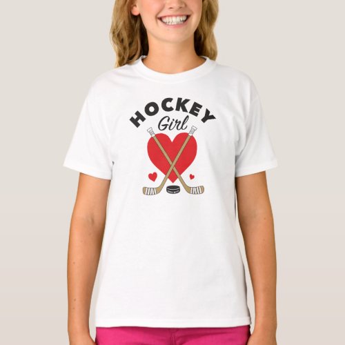 Hockey Girl Love Heart Hockey Sticks Girls T_Shirt