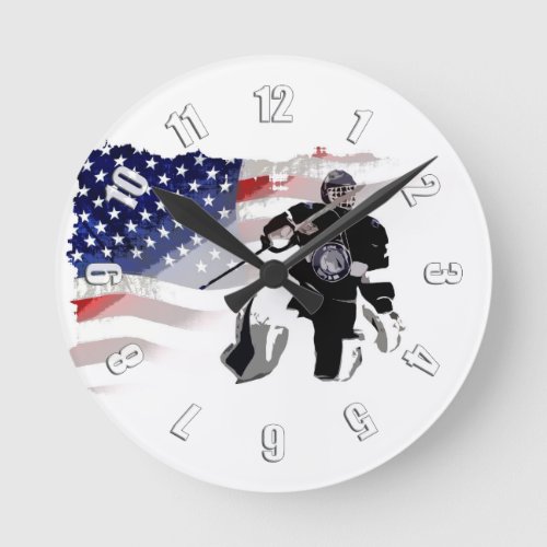 Hockey Goalie and US Flag  Round Clock