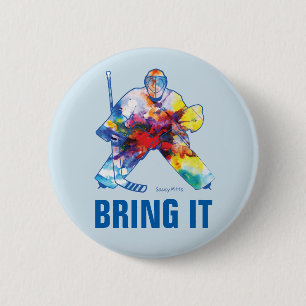 Hockey Goalie Bring It Watercolor Pinback Button