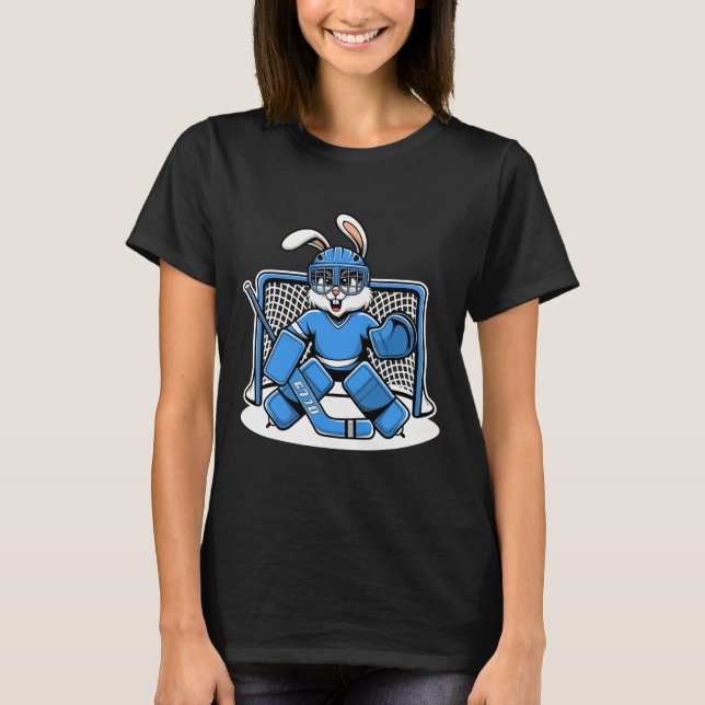 Hockey Goalie Bunny Blue Net Pads Stick Helmet  T-Shirt (Front)
