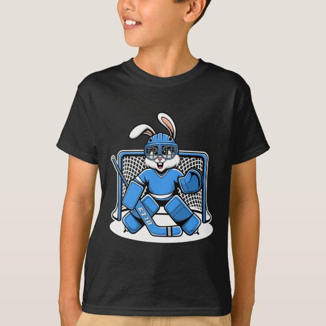 Hockey Goalie Bunny Blue Net Pads Stick Helmet  T-Shirt (Front)