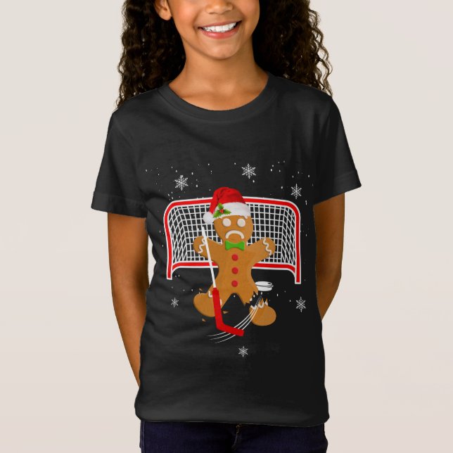 Hockey Goalie Funny Christmas Gingerbread Man Goal T-Shirt (Front)