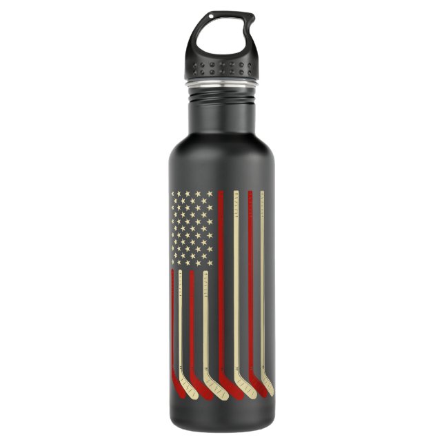 Hockey Goalie Gift USA Flag Hockey Stick Ice Hocke Stainless Steel Water Bottle (Front)