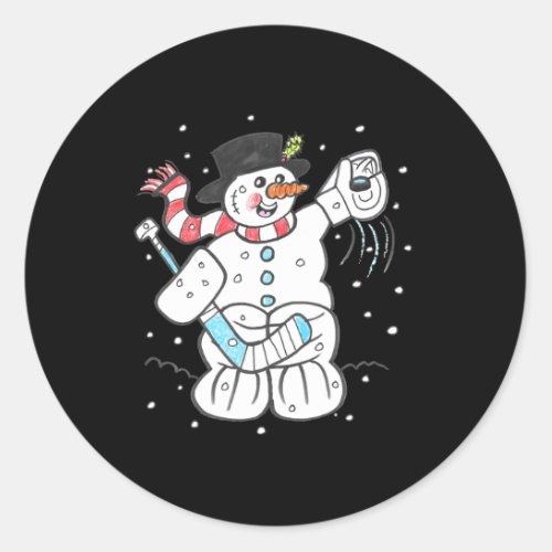 Hockey Goalie Merry Christmas Holiday Happy Snowma Classic Round Sticker