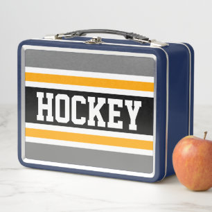 HOCKEY Gray Black White Orange Racing Stripes Metal Lunch Box