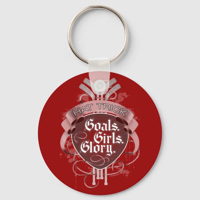 Hockey Hat Trick: Goals, Girls & Glory Keychain (Front)