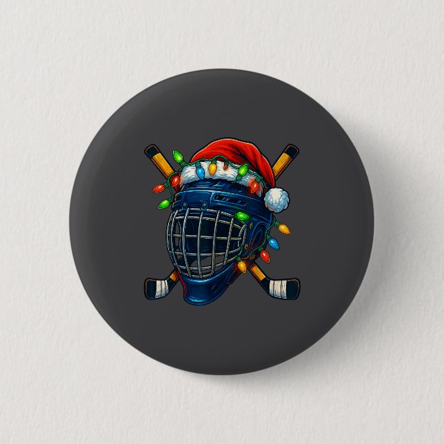 Hockey Helmet Christmas Lights Santa Hat Design Xm Button (Front)