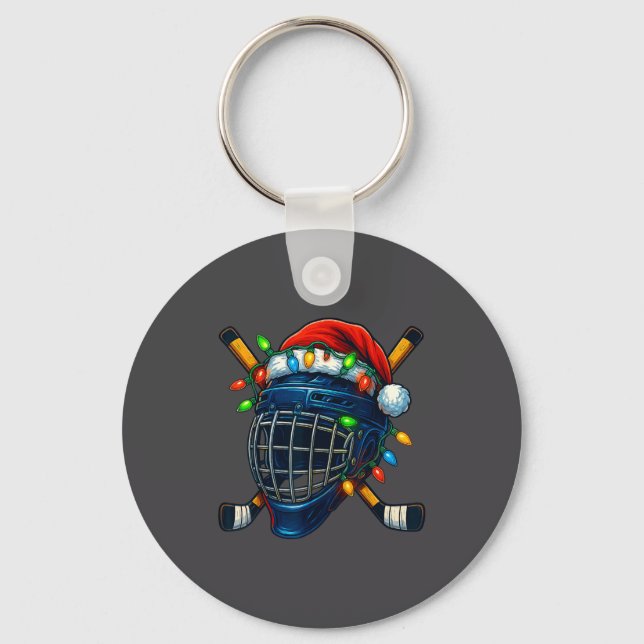Hockey Helmet Christmas Lights Santa Hat Design Xm Keychain (Front)