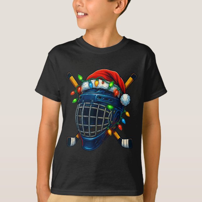 Hockey Helmet Christmas Lights Santa Hat Design Xm T-Shirt (Front)