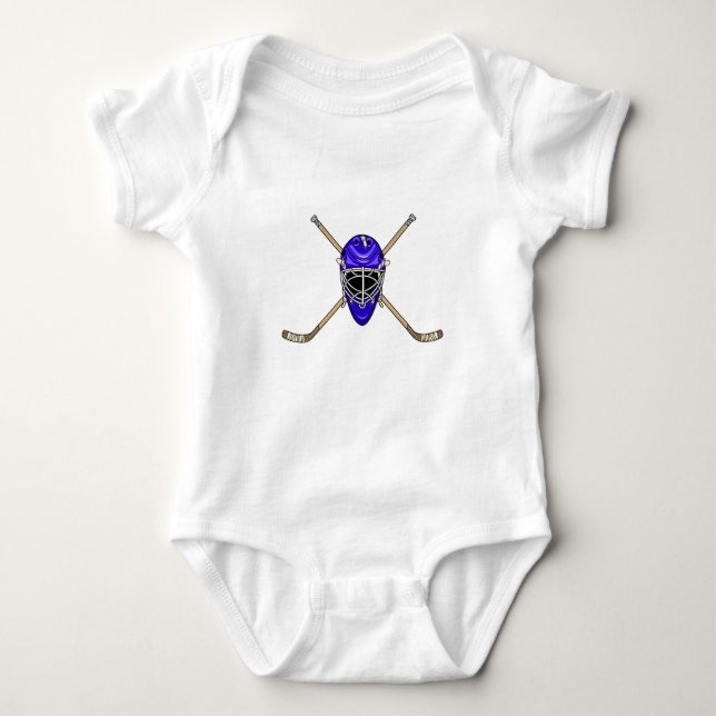 Hockey Helmet & Cross Sticks Blue Baby Bodysuit (Front)