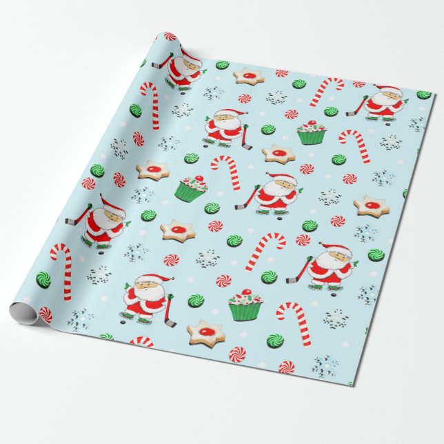 Hockey Holiday Gift Wrapping Paper (Unrolled)