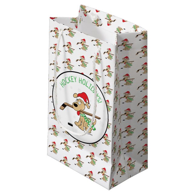Hockey Holidays Hockey Dog Small Gift Bag (Front Angled)