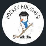 Hockey Holidays Hockey Snowman Christmas Classic Round Sticker<br><div class="desc">Hockey Holidays Hockey snowman christmas sticker</div>