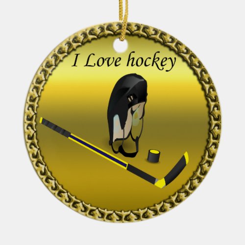 Hockey I Love custom design with stick and helmet Ceramic Ornament