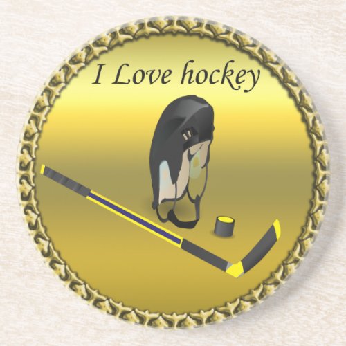 Hockey I Love custom design with stick and helmet Drink Coaster