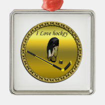 Hockey I Love custom design with stick and helmet Metal Ornament