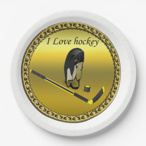 Hockey I Love custom design with stick and helmet Paper Plates