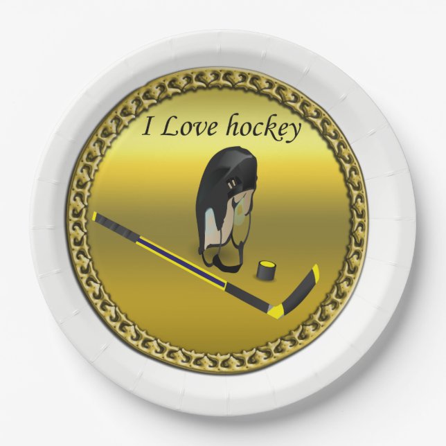 Hockey I Love custom design with stick and helmet Paper Plates (Front)