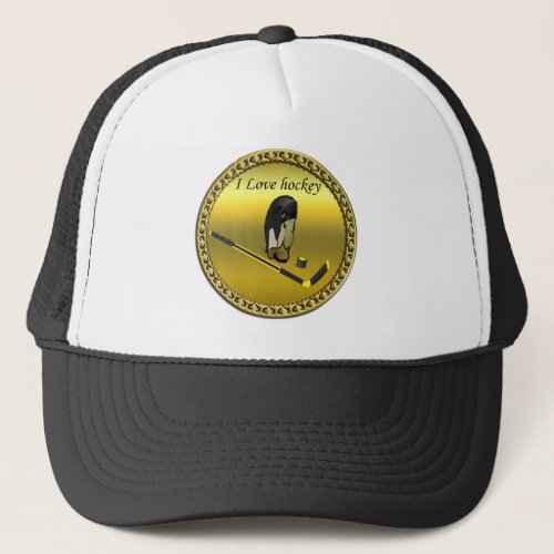 Hockey I Love custom design with stick and helmet Trucker Hat
