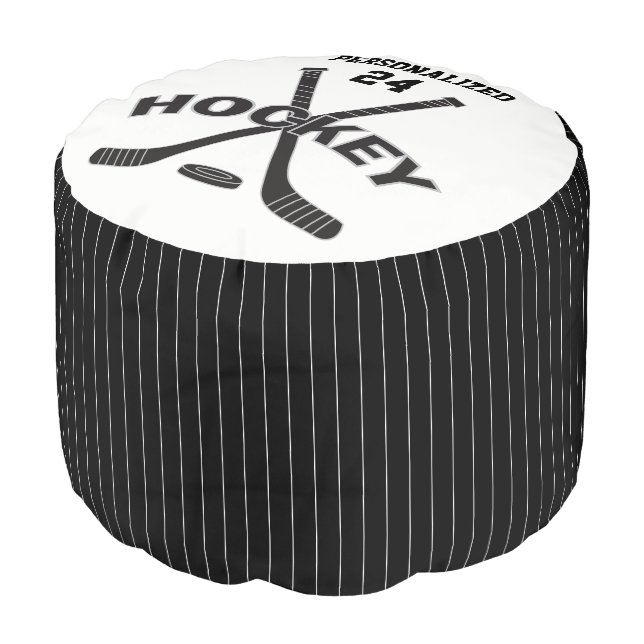Hockey in Black & White Sport Pattern Pouf (Angled Front)