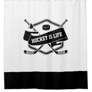 Hockey Is Life - Simple Black White Hockey Badge Shower Curtain