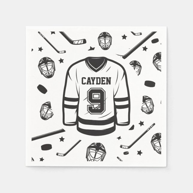 Hockey jersey black and white 9th birthday napkins (Front)