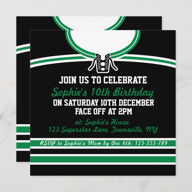 Hockey Jersey Themed Party Invites Template, Green (Front/Back)