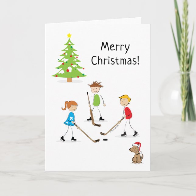 Hockey Kids Merry Christmas Holiday Card (Front)