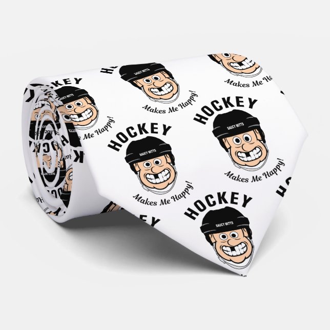 Hockey Makes Me Happy Cartoon Neck Tie (Rolled)