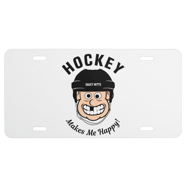 Hockey Makes Me Happy Funny Cartoon Hockey Player License Plate (Front)